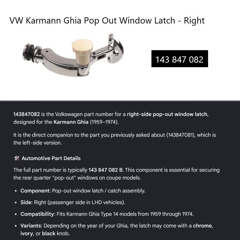 Lai Kam Wah Sdn. Bhd. Specialist in VW Aircooled Parts - 143847082 - Pop Out Window Latch - Right