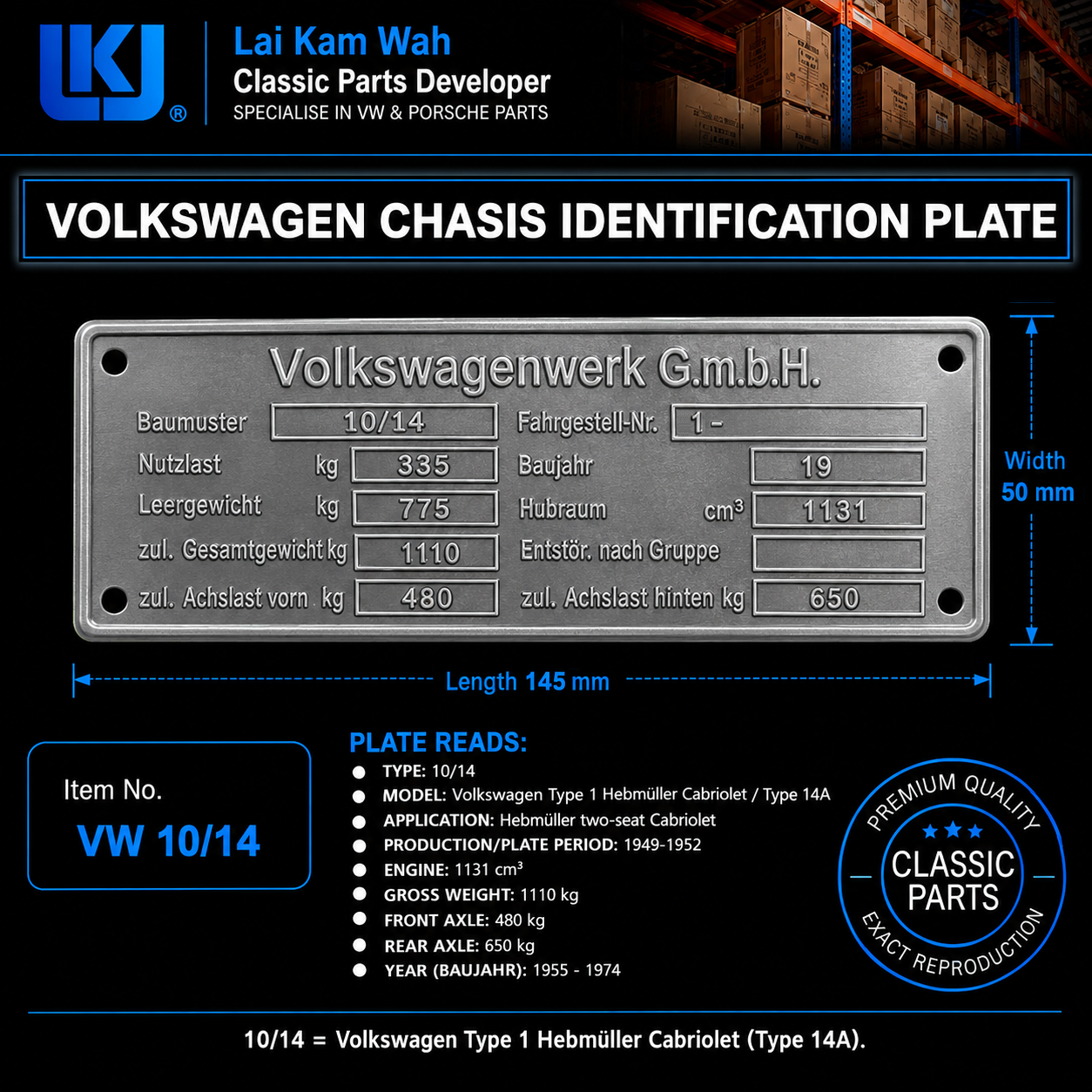 Lai Kam Wah Sdn. Bhd. Specialist in VW Aircooled Parts - VW10-14 - Volkswagen Chasis Identification Plate