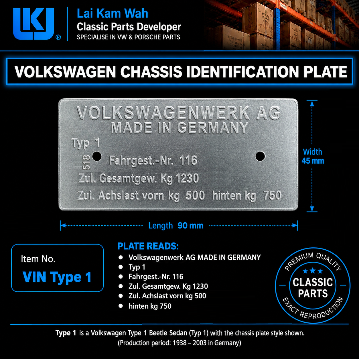 Lai Kam Wah Sdn. Bhd. Specialist in VW Aircooled Parts - Vin Type 1 - Volkswagen Chasis Identification Plate